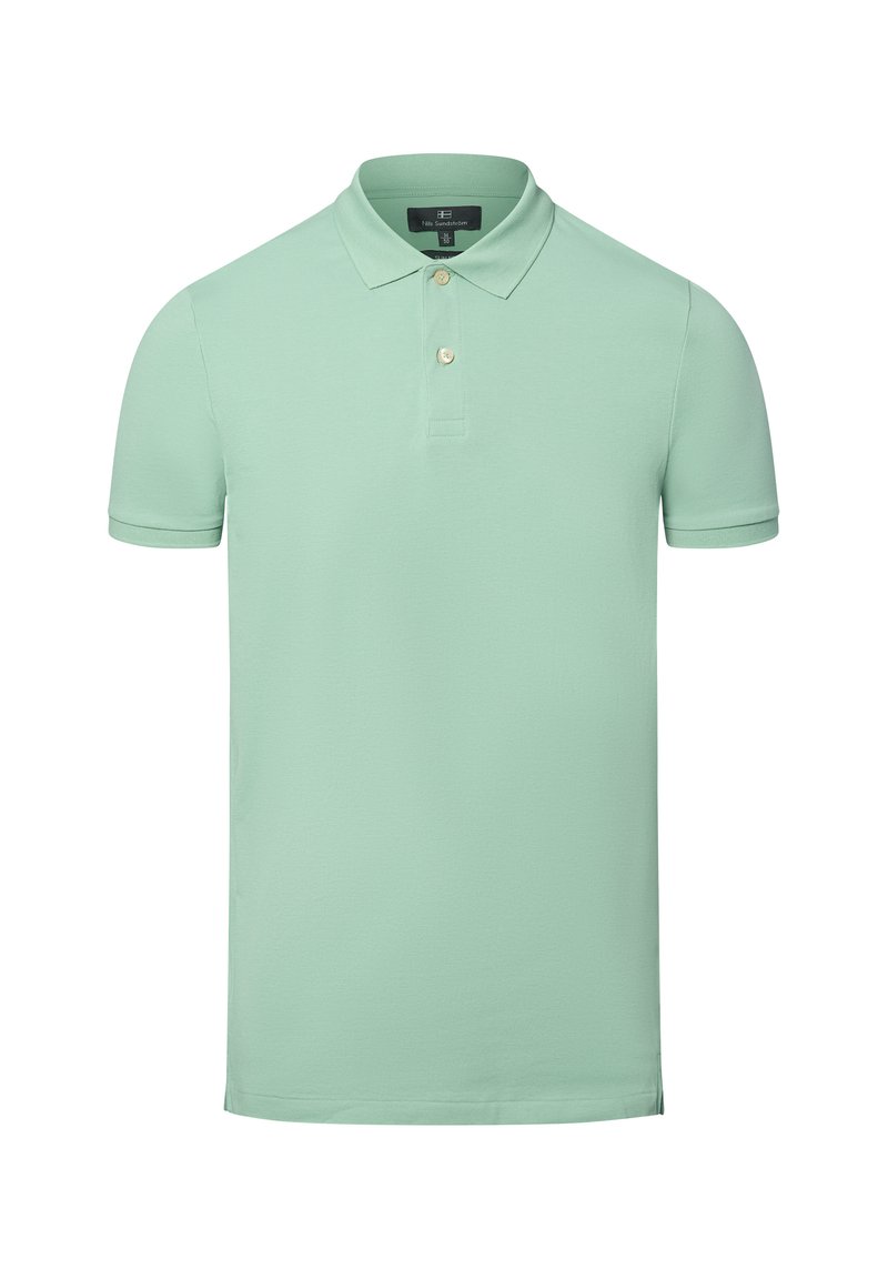 Hellgrünes Short-Sleeve-Polohemd aus Baumwolle mit einer Dreiknopfleiste und einem klassischen Kragen, das über einen strukturierten Stoff verfügt.
