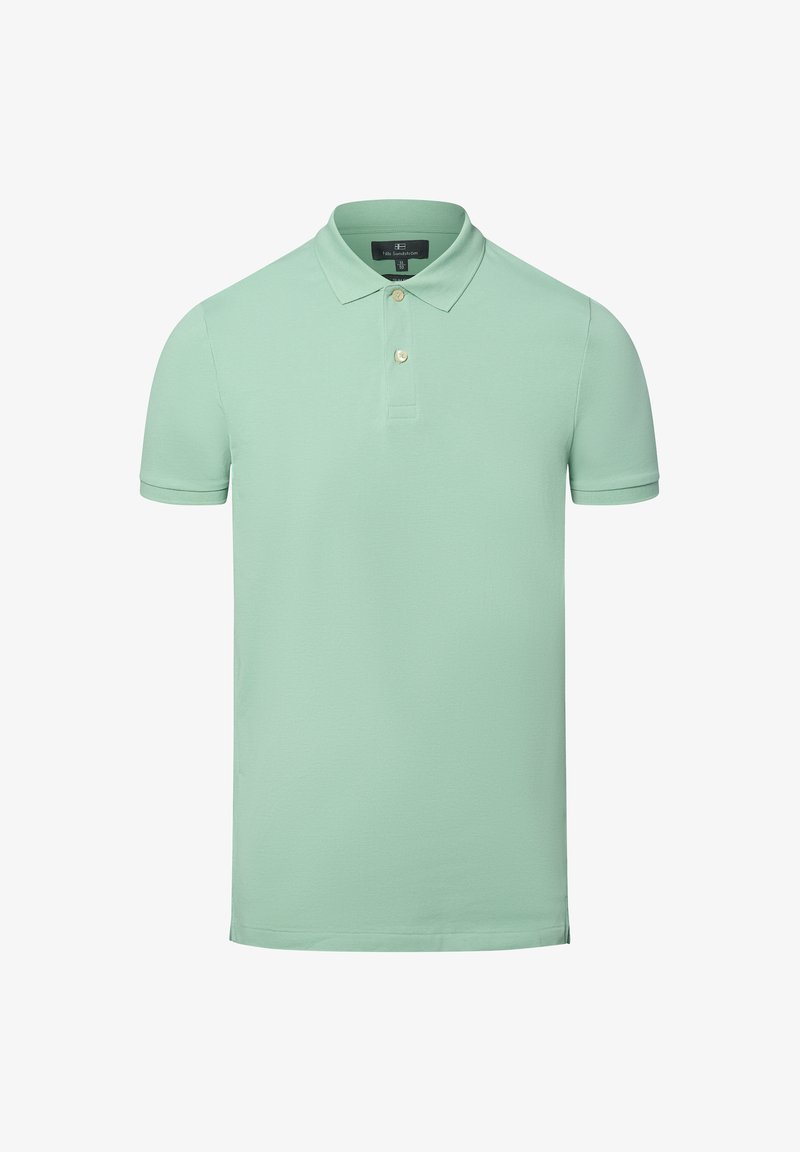 Hellgrünes Short-Sleeve-Polohemd aus Baumwolle mit einer Dreiknopfleiste und einem klassischen Kragen, das über einen strukturierten Stoff verfügt.