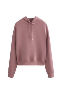 Roze hooded sweatshirt met een ontspannen pasvorm, koordsluiting en geribbelde boorden. Zachte textuur met een gladde, licht glanzende afwerking.