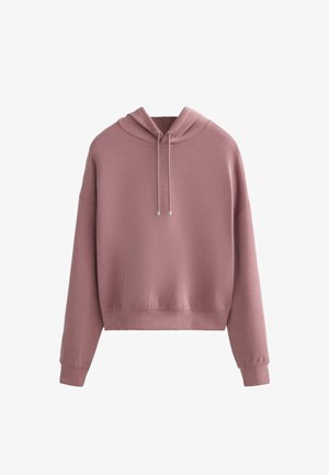 Rozi pulover s kapuljačom opuštenog kroja, zatvaranjem na vezice i rebrastim manšetama. Mekana tekstura s glatkim, blago sjajnim završetkom.