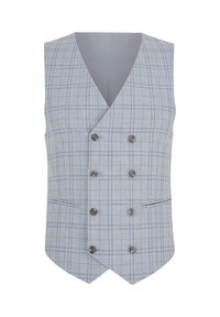 Jasnoszara kamizelka w kratę z dekoltem w kształcie litery V, podwójnymi guzikami, dwiema bocznymi kieszeniami i spiczastym dołem. Posiada subtelne niebieskie linie w wzorze.
