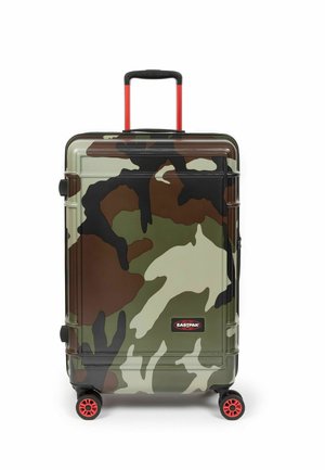 Kuffert med camouflage, hård skal med en blank finish, kontrastfulde røde hjul og et udtrækkeligt håndtag. Har glatte linjer og et holdbart design.