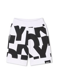 Shorts DKNY noir et blanc avec de grands motifs textuels audacieux. Fabriqués en tissu lisse, ils présentent une taille élastique et une étiquette logo noire.