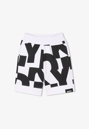 Shorts DKNY noir et blanc avec de grands motifs textuels audacieux. Fabriqués en tissu lisse, ils présentent une taille élastique et une étiquette logo noire.