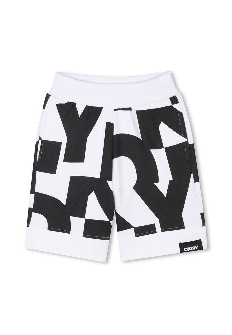Shorts DKNY noir et blanc avec de grands motifs textuels audacieux. Fabriqués en tissu lisse, ils présentent une taille élastique et une étiquette logo noire.