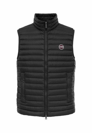 Zwarte gewatteerde mouwloze bodywarmer met ritssluiting aan de voorkant, hoge kraag, twee zijzakken en rond Colmar-logo op de borst.