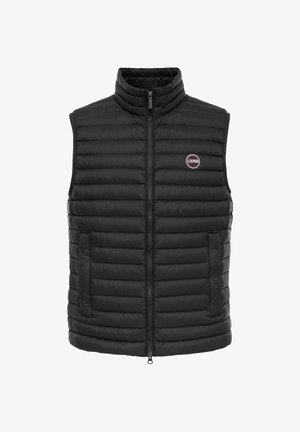 Zwarte gewatteerde mouwloze bodywarmer met ritssluiting aan de voorkant, hoge kraag, twee zijzakken en rond Colmar-logo op de borst.