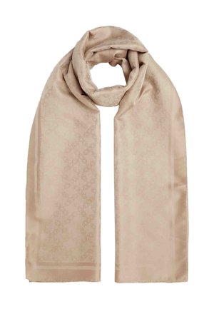 Écharpe beige en soie avec un motif monogramme subtil répété, drapée en boucle avec les extrémités pendantes droit vers le bas.
