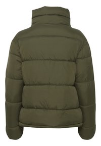 Olivovo zelená prešívaná bunda s vysokým golierom, prešívaným dizajnom, nadrozmerným strihom a elastickými manžetami. Ideálna na teplo a pohodlie.