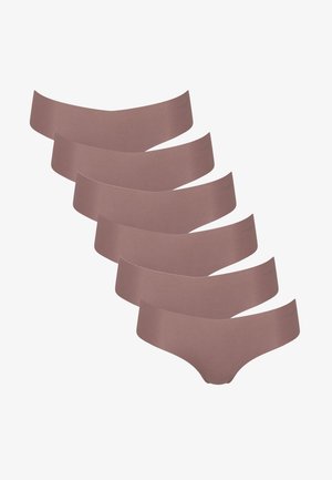 Pakka kuusi paria naisten saumattomia alushousuja, valmistettu pehmeästä kankaasta hillityssä purppurassa värissä. Ominaisuuksina leveät, joustavat vyötärönauhat.