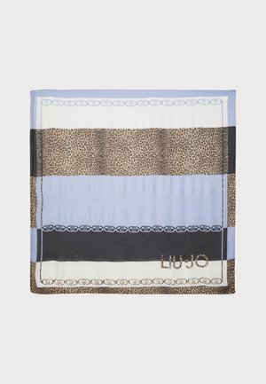Pañuelo de seda con rayas azules, blancas y negras, con acentos de estampado de leopardo y patrón de cadenas. Logo "LIU JO" en dorado en el borde inferior.