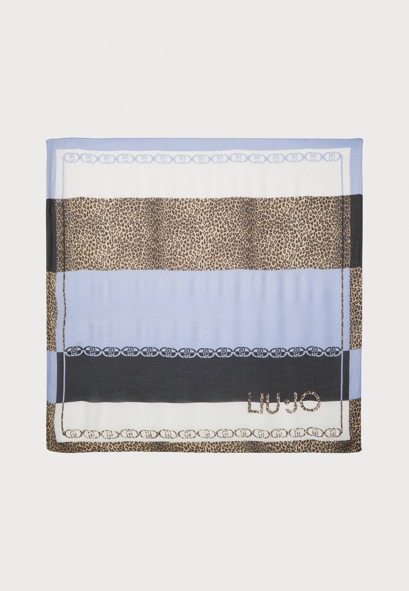 Silk scarf med blå, hvide og sorte striber med leopardprint accenter og kædemønster. "LIU JO" logo i guld på nederste kant.
