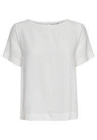 Vit blus med kort ärm och rund halsringning, tillverkad av ett mjukt tyg. Har en rak modell och en subtil lyster. Detalj med dragkedja i ryggen.