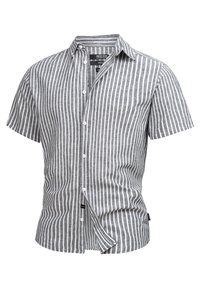 Heren overhemd met korte mouwen, knoopsluiting, verticale grijze en witte strepen en een spread collar.