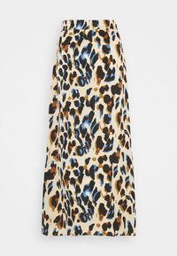 Sukňa midi s leopardím vzorom, ktorá má béžový základ so čiernymi, hnedými a modrými škvrnami; elastický pás; hladká textura.