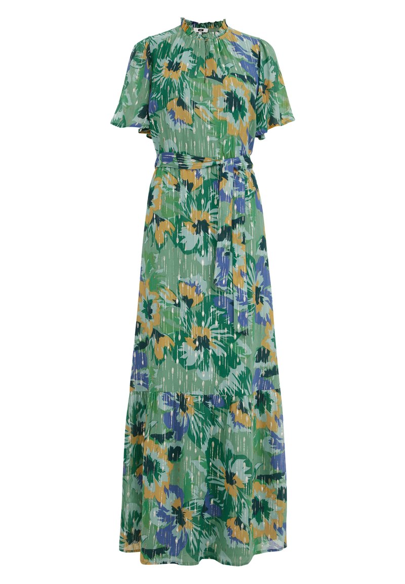 Floral Maxi-Kleid in Grün, mit kurzen Rüschensäumen, einem gerafften Ausschnitt und einer taillierten Taille. Das Muster umfasst gelbe und lila Blumen.