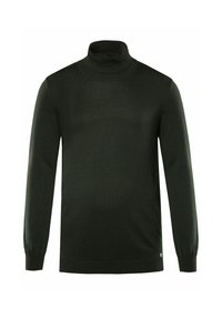 Maglione verde a collo alto realizzato in tessuto a maglia, con maniche lunghe e un design aderente caratterizzato da polsini e bordo a coste. Nessun motivo o hardware visibile.