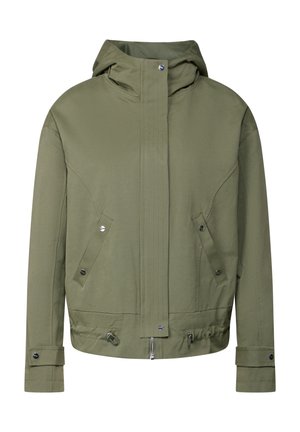 Olive green jacket with a hood, featuring a zip closure, two side pockets, and button accents on cuffs and front. Smooth texture.