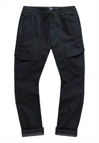 Schwarze Cargo-Hose mit Kordelzugbund, schmal zulaufendem Bein, aufgerollten Säumen und zwei Seitentaschen, aus strapazierfähigem Material.