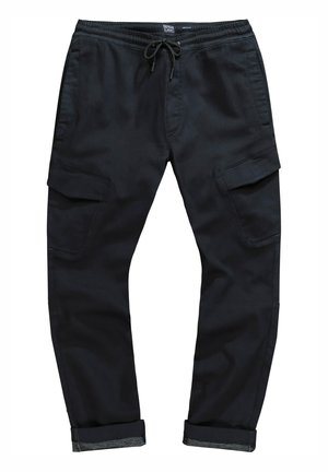 Pantalones cargo negros con cintura ajustable, piernas ajustadas, puños enrollados y dos bolsillos laterales, fabricados en tejido duradero.