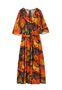 Lang jurkje met klokmouwen, met een veelkleurig bloemenpatroon in oranje, geel en groen, met een cinched taille en V-hals.