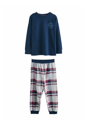 Navy long-sleeve top with round neck and printed logo; gray plaid pants with red accents and elastic waistband, cuffed hems.