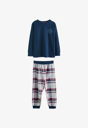 Mornarska majica dugih rukava s okruglim izrezom i otisnutim logotipom; sive karirane hlače s crvenim detaljima i elastičnom gumom u struku, s manžetama.