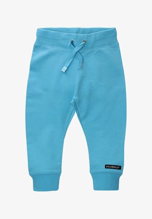 Lichtblauwe joggingbroek van zachte katoen. Heeft een geribbelde tailleband met trekkoord en elastische boorden. Zwarte logo-label aan de linkerkant.