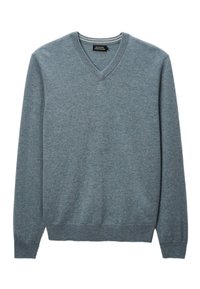 Pull bleu clair en V fabriqué à partir d'un tissu en tricot doux. Il présente des manches longues et un col et un ourlet côtelés, avec une texture lisse.