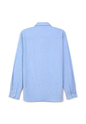 Light blue long-sleeve shirt made of textured fabric. Features a spread collar, buttoned cuffs, and a straight cut with no visible branding.