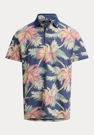 Tmavomodrá polokošeľa s ružovým a krémovým tropickým kvetinovým vzorom, krátkymi rukávmi, zapínaným golierom a logom „RLX“ na ľavom rukáve a golieri.