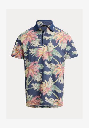 Πόλο μπλουζάκι σε ναυτικό μπλε με ροζ και κρεμ τροπικό floral μοτίβο, με κοντά μανίκια, γιακά με κουμπιά και λογότυπο "RLX" στο αριστερό μανίκι και στον γιακά.