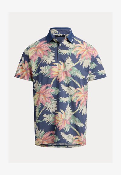 Πόλο μπλουζάκι σε ναυτικό μπλε με ροζ και κρεμ τροπικό floral μοτίβο, με κοντά μανίκια, γιακά με κουμπιά και λογότυπο "RLX" στο αριστερό μανίκι και στον γιακά.