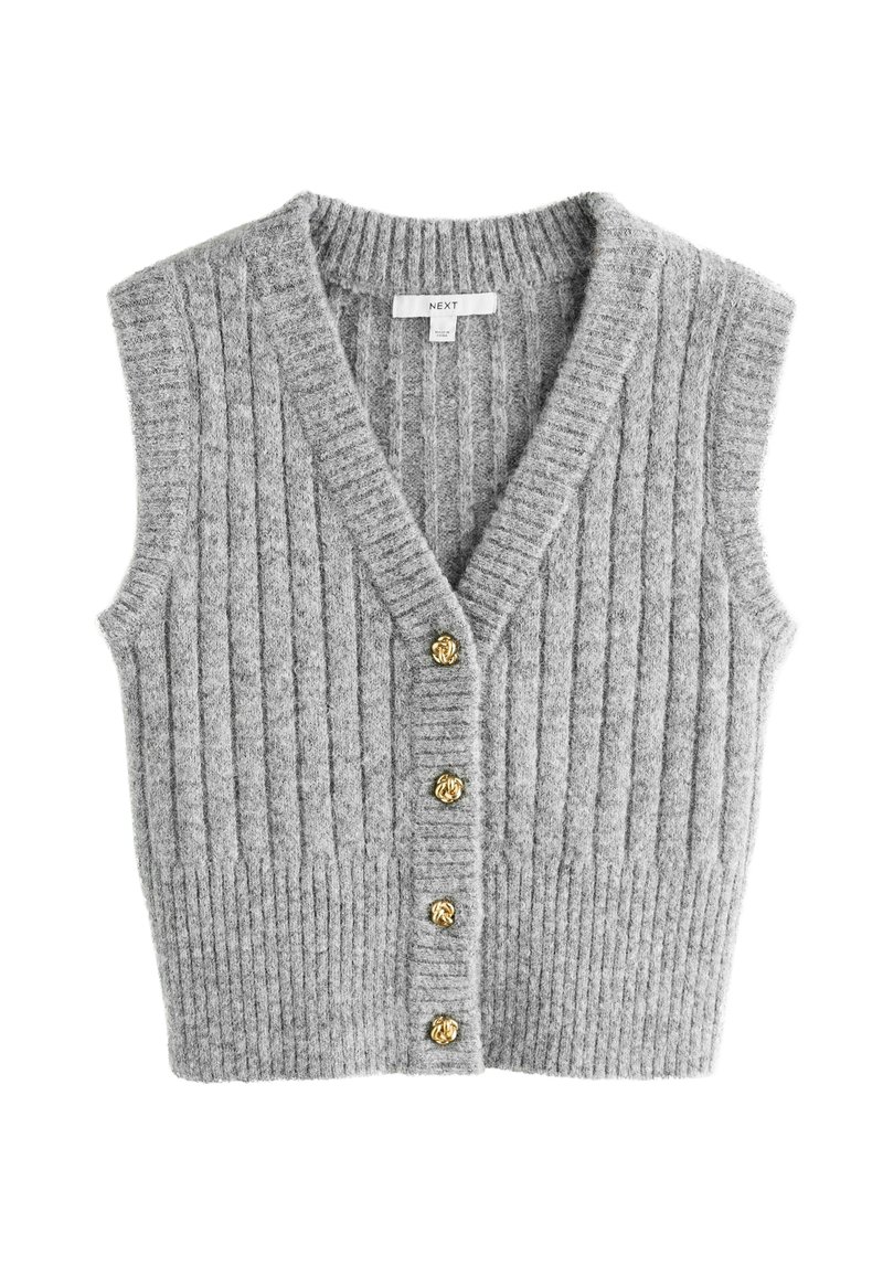 Blød grå ærmeløs knapstrikvest med ribbet tekstur og fire dekorative guldknapper ned foran.
