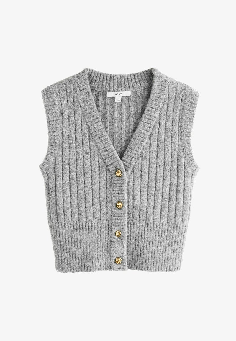 Mīksts pelēks bez piedurknēm pogājams izstrādājums ar ribota tekstūra un četriem dekoratīviem zelta pogām priekšpusē.