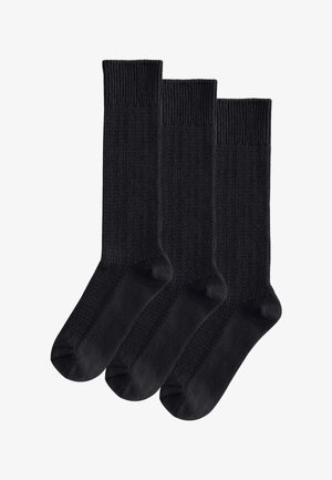 Tre paia di calzini corti neri a costine disposti fianco a fianco su uno sfondo bianco.