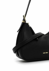 Black leather handbag with a textured finish, curved silhouette, adjustable strap, and gold hardware accent featuring brand name.