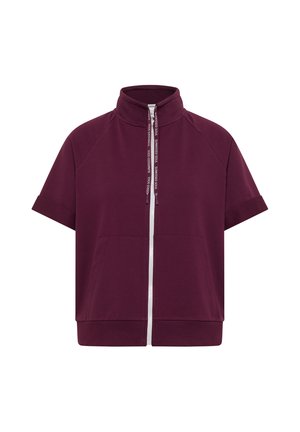 Kurzärmelige, burgunderrote Reißverschlussjacke mit geripptem Kragen und Saum, Fronttaschen und Kordeln mit weißem Aufdruck.