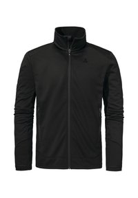 Schwarze Jacke mit vollem Reißverschluss, hohem Kragen, langen Ärmeln, seitlichen Reißverschlusstaschen und kleinem Logo auf der linken Brust.