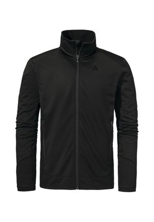 Black full-zip jacket with high collar, long sleeves, zippered side pockets, and small logo on left chest.