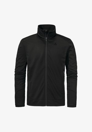 Schwarze Jacke mit vollem Reißverschluss, hohem Kragen, langen Ärmeln, seitlichen Reißverschlusstaschen und kleinem Logo auf der linken Brust.