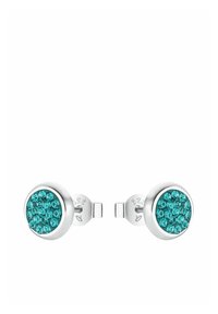Boucles d'oreilles en argent sterling en forme de stud avec un design circulaire, ornées de cristaux turquoise disposés en motif regroupé.
