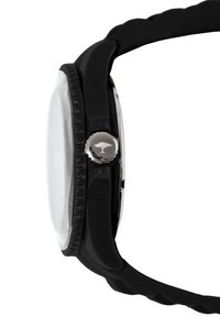 Schwarze Silikon-Armbanduhr mit runder Ziffernblatt, klarem Glas und einem metallischen Knopf mit einem Baum-Logo an der Seite. Texturiertes Armband und Lünette.