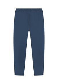 Marineblauwe sweats met een elastische tailleband en tappere boorden. Glad tekstuur en minimalistisch ontwerp, zonder zichtbare patronen of accenten.