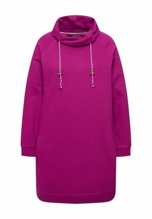 Fuchsia Sweatshirtkleid mit Krageneinsatz, langen Ärmeln und Kordelzugakzenten. Verfügt über seitliche Taschen und eine lockere Passform. Weicher, glatter Stoff.