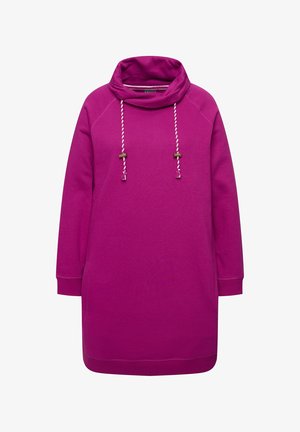 Fuchsia Sweatshirtkleid mit Krageneinsatz, langen Ärmeln und Kordelzugakzenten. Verfügt über seitliche Taschen und eine lockere Passform. Weicher, glatter Stoff.