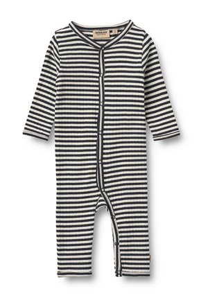 Langärmliger, vollflächiger Baby-Overall mit schwarzen und weißen horizontalen Streifen und Druckknöpfen an der Vorderseite und den Beinen.