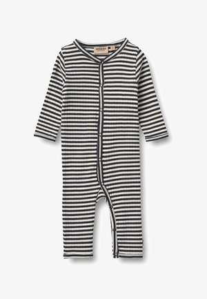 Tutina per bambino a maniche lunghe e lunghezza completa con strisce orizzontali bianche e nere e bottoni automatici sul davanti e sulle gambe.