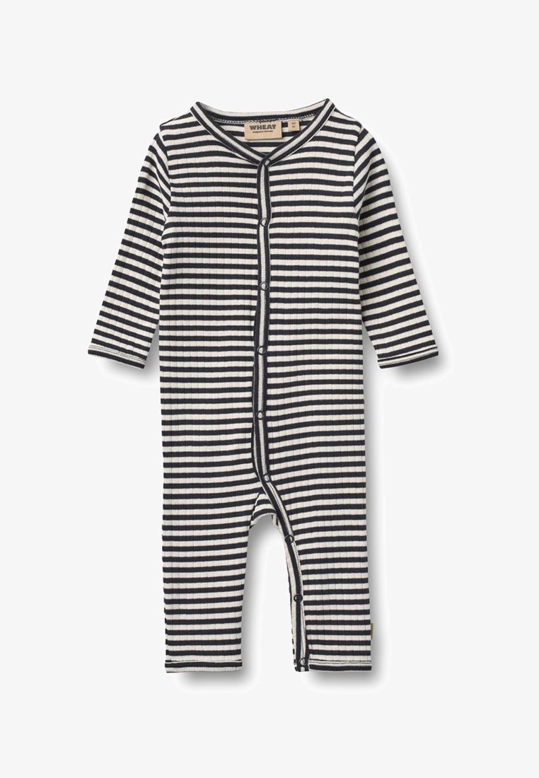 Grenouillère bébé à manches longues et jambes longues, rayée horizontalement en noir et blanc, avec boutons-pression sur le devant et le long des jambes.