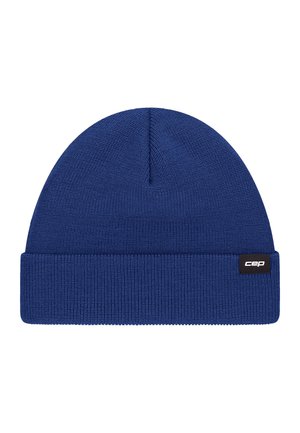 Blauwe gebreide muts met omgeslagen boord en een klein zwart label met witte "cep" tekst aan de rechterkant van de boord.